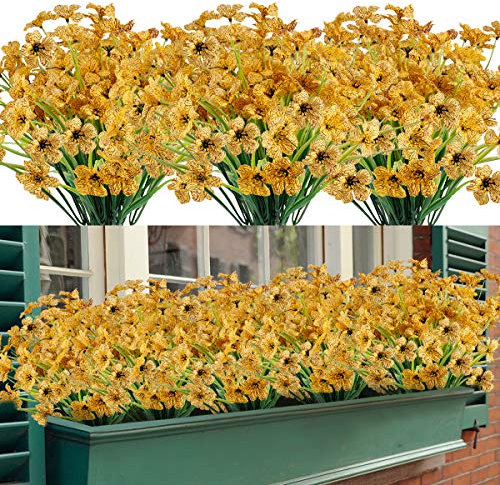 Künstliche Blumen 16 Bündel im Freien UV-beständig gefälschte Blumen kein Verblassen Faux Kunststoff Greenery Sträucher Garten Veranda Fenster Box dekorieren (Gelb)