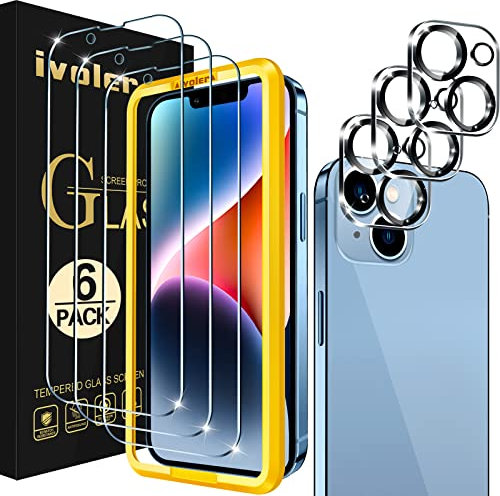 ivoler 3+3 Stück Panzer Schutz Glas Kompatibel für iPhone 14 6.1 Zoll, 3 Stücke Schutzfolie Mit 3 Stück Kameraschutz und Positionierhilfe, 9H Härte, HD Klar, Anti-Kratz, Anti-Bläschen
