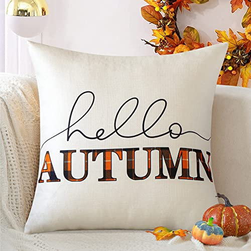 JOTOM Herbst Kissenbezug 45 x 45 cm Dekorativ Kissenhülle Fallen Dekokissen Sofakissen Bezug für Sofa Couch Schlafzimmer Outdoor Bauernhof (Hello Autumn)
