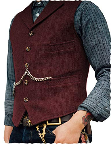 AeoTeokey Classic Mens Wool Tweed Suit Vest Casual Sleeveless Jacket Herringbone Waistcoat for Tuxedos(3XL,Burgundy)