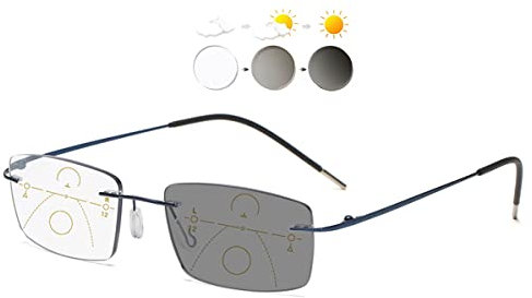 KOOSUFA Randlose Selbsttönende Gleitsicht Lesebrille Gleitsichtbrille Progressive Multifokus Anti-Blaulicht Photochrome Herren Damen Titan Rahmenlose mit UV-Schutz Sonnenlesebrille 1x Blau, 2.0