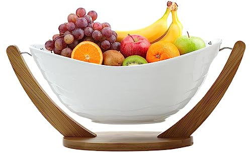 WEMUBSU Frutero grande de cerámica con soporte de madera y colador, cesta de frutas para encimera de cocina, centro de mesa, fiesta, bar, cuenco grande para servir ensalada, moderno, blanco