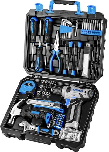 DEKO Caja Herramientas Completa con Destornillador Electrico/Taladro con bateria de 8V, Maletin de 126 Piezas, Caja profesional de herramientas Domésticas de Bricolaje para Oficinas y Jardín,Azul