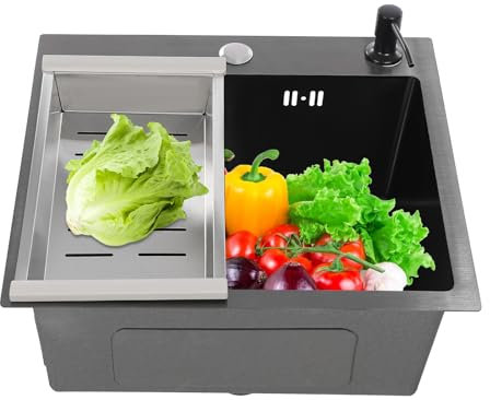 KANBCNG 40 x 45 cm Fregadero de cocina, fregadero empotrable con desagüe y bajante y dispensador de jabón, fregadero de acero inoxidable para interiores y exteriores, color negro