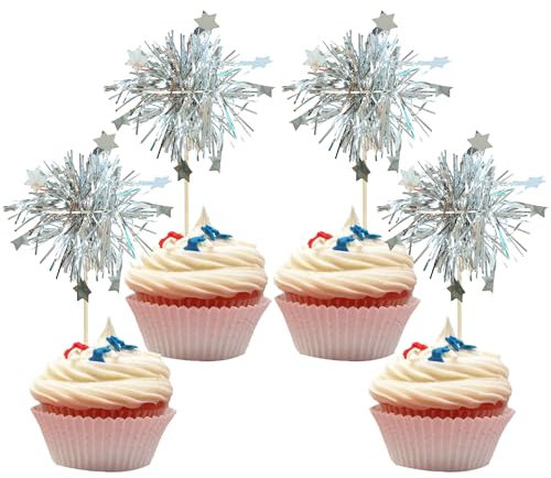Gyufise 30Pcs Foil Firework Cupcake Toppers Sparkle Tinsel Star Cake Toppers Tinsel Drink Cake Decoration Cocktail Picks for Birthday Wedding Graduation Party Supplies Silver