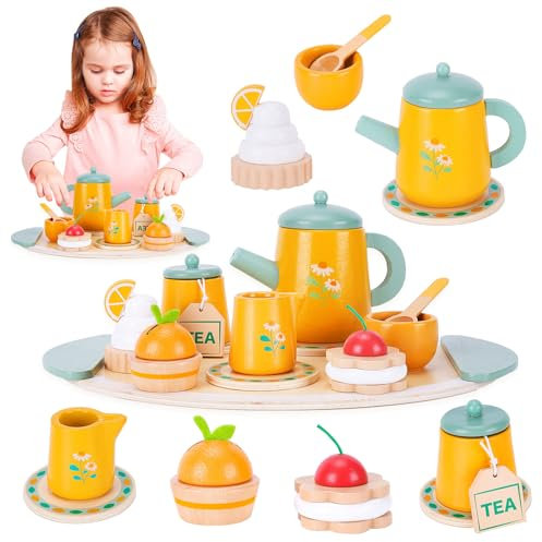 Farnirvana Teeservice Kinder Holz, Küchenzubehör Kinder Holz, Tee Set Holzspielzeug, Küchenspielzeug Rollenspiele Geschenk Mädchen Jungen, Teeparty-Set, Geschenk für Jungen Mädchen ab 3 Jahre (Gelb)