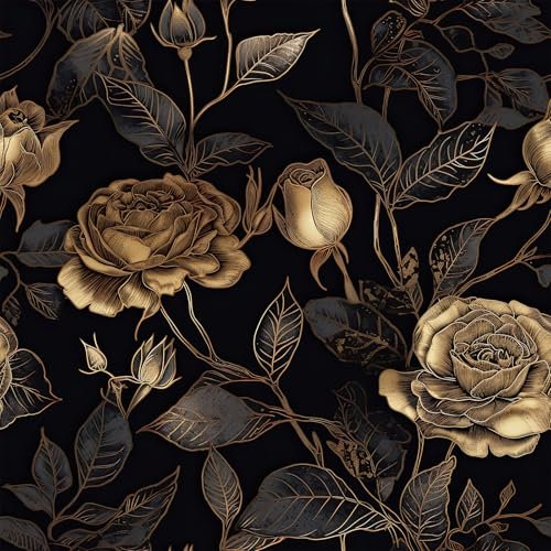 ReWallpaper Vinyle Adhesif Meuble Vintage Papier Peint Adhesif Noir et Or 44.5CM×3M Rouleau Adhésif Meuble Fleurs Papier Adhesif Mural Decoratif pour Porte Intérieure Armoire Tiroirs