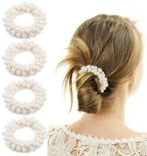 4 Stück Haargummi Perlen, Elastische Haargummi Damen, Scrunchies Zopfgummi mit Weiß Perlen, Pferdeschwanz Halter für Frauen Mädchen Dame Kinder Haarschmuck