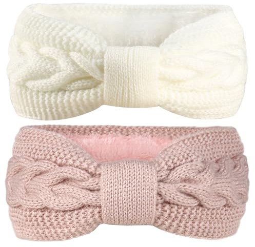 2 Stück Stirnband Damen Winter, Geknotet Gestrickt headband, Damen Strick Ohrenwärmer Haarband Haarreifen, Verdicken Headwrap Haarbänder, mädchen ohrwärmer Stirnbänder (Weiß+Rosa)