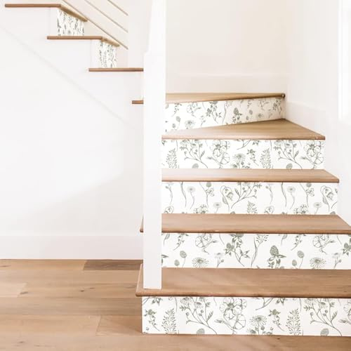 Funlife 15PCS Selbstklebende Treppenaufkleber für treppe abziehen und aufkleben klebefolie weiß für Home Office Treppenstufen Dekoration, Moosgrüne Blumen
