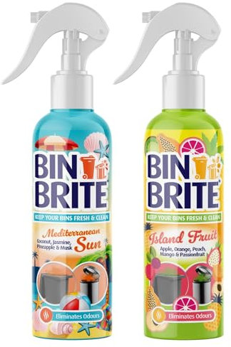 2 Pack Bin Odour Neutraliser Spray – Island Fruit & Mediterranean Sun – 400ml Each – Powerful Trash Can Deodoriser, Eliminates Odours, Long-Lasting Freshness by Bin Brite