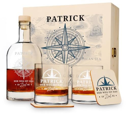 polar-effekt Whisky Set mit personalisierter Gravur & UV-Druck - Geburtstagsgeschenk mit Namen - Beeinhaltet Gläser, Flasche, Holzbox & Untersetzer - Für Scotch & Bourbon