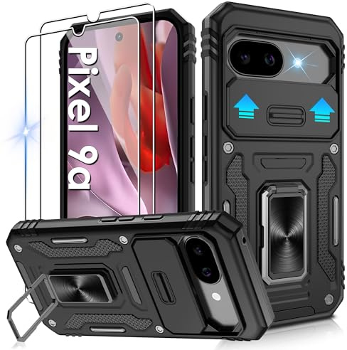 Jshru Handyhülle für Google Pixel 9a Hülle mit 2Stk Schutzfolie, Kameraschutz Slide Militär Stoßfest Schutzhülle, 360° Metall Ring Ständer Fallschutz Case für Pixel 9a,Schwarz