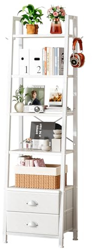 Taotigzu Scaffale per libri in scala,Biblioteca a 5 livelli,Mobile portaoggetti con 2 cassetti in tessuto per soggiorno, camera da letto, cucina, ufficio, stile industriale,telaio in acciaio