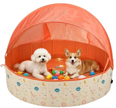 Piscina para perros plegable con toldo, 120 x 30 cm, bañera para perros con válvula de drenaje, piscina infantil de PVC engrosado antideslizante para perros grandes y niños, piscina portátil para