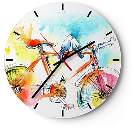 Modern Wanduhr Fahrrad Vögel Taube Reinheit 30x30cm Rund Klein Wand Uhr Glas Analog Zimmeruhren Küche Büro Wohnzimmer Glasuhr Wall Clock Dekoration Design Wanddekoration Küchenuhr C3AR30x30-3046