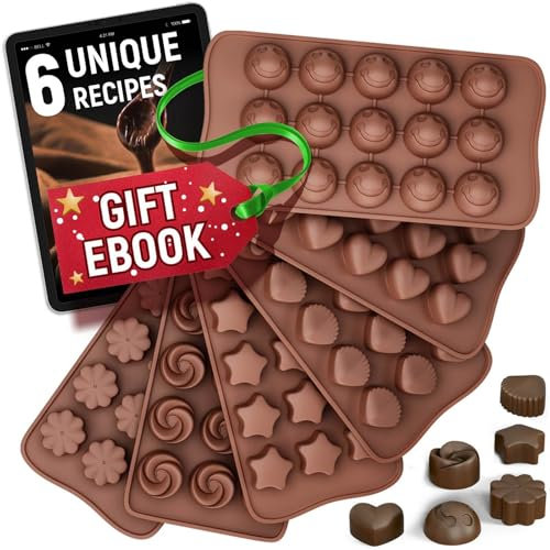 Schokoladenformen aus Silikon – 6er-Set – kostenloses E-Book mit Rezepten – antihaftbeschichtete Formen in Lebensmittelqualität, einfach zu verwenden für Schokolade, Bonbons und Eiswürfel