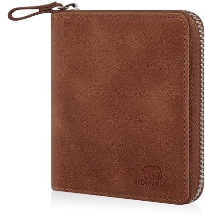 BROWN BEAR Geldbörse Reißverschluss Leder RFID-Schutz & Münzfach - 8009 HBR | Echtleder Portemonnaie Braun Whiskey Vintage für Damen & Herren BB Design Geldbeutel Zip umlaufend