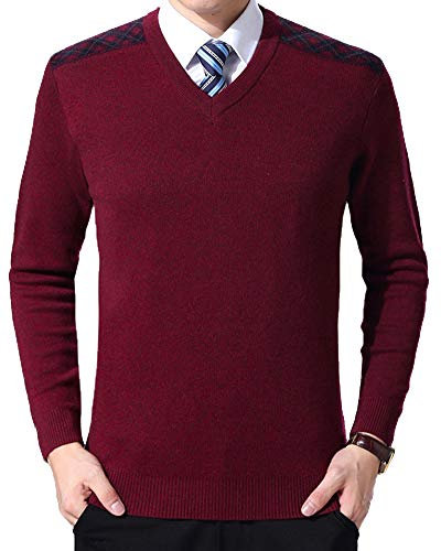 Jersey de Manga Larga con Cuello de Pico para Hombre Suéter con Cuello en V Rojo 3XL