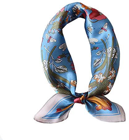 ANDANTINO Foulard 100% soie de mûrier véritable - 53 x 53 cm - Foulard léger - Femmes Hommes Petit Carré Imprimé Numérique Foulards De, Fleurs vert-bleu, M