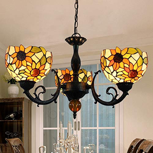 Kronleuchter Pendelleuchte Tiffany Vintage Esszimmer Wohnzimmer Schlafzimmer Esstisch Küchen LED E27 Hängelampe Rustikal Kreativ Sonnenblume Design Runde Glas Lampe, 3-flammig, Höhenverstellbar, Ø57cm