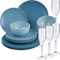 Camping Geschirr Set aus Melamin und Glas Set für 4 Personen - 16 Teile - Campinggeschirr - blau - mit Sektglas 150 ml - Gläsern - Essgeschirr