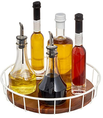 iDesign 95415EU Lazy Susan, Organizer Girevole con Bordo Alto in Metallo e Legno d'acacia, Portaspezie salvaspazio Cucina, Porta Olio aceto Sale Pepe, Bianco e Naturale, 18/8 Stainless Steel