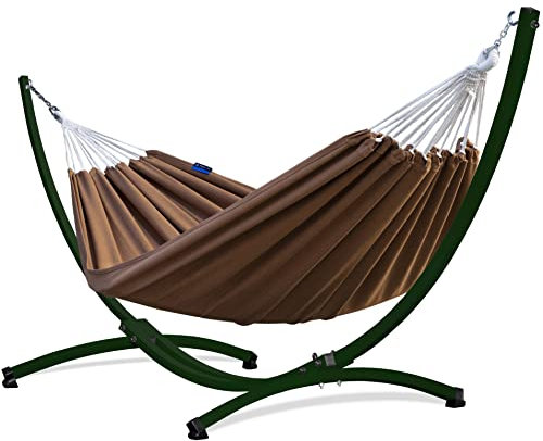 Potenza Outdoor Hängematte mit Gestell für 2 Personen I Baumwolle Doppelhängematte XXL 220x160, 200kg I Hängemattengestell 220kg, wetterfest (Toffee, Gestell Grün)