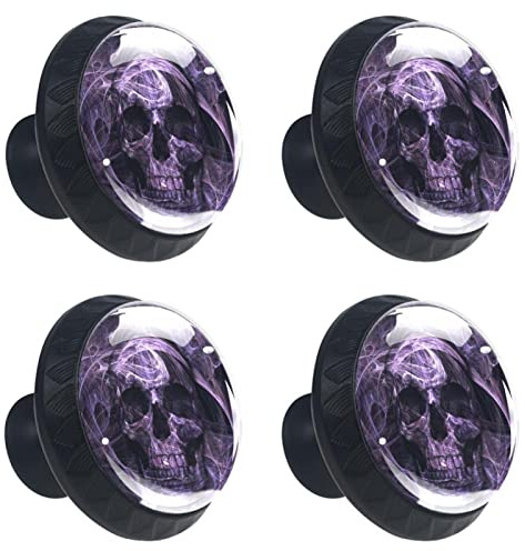 Luoweisi 4 Pack Skull Purple Drawer Knobs, Round Kitchen Cabinet Pulls, Glass Door Knobs for Chest of Drawers, Furniture Cupboard Dresser Wardrobe, with Screws