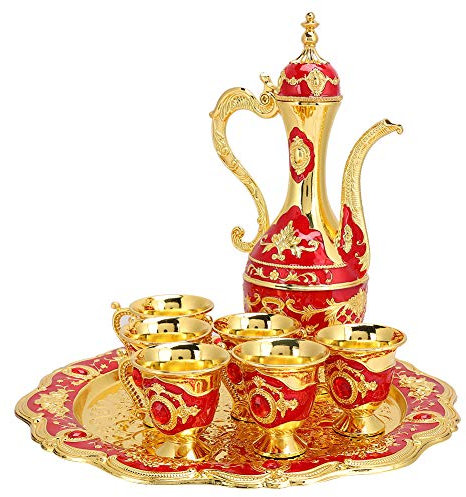 Vintage Türkische Kaffeekanne Set, Metall Weinglas Krug Set Türkische Teekanne mit Tablett und 6 Teegläser, Türkische Teegläser Set für Heimkunst Handwerk Hochzeit(Rot)