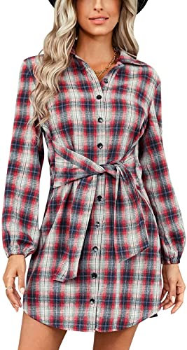 MorFansi Robe chemise à carreaux élégante à boutons pour femme - Col en V - Manches longues - Robe décontractée avec ceinture, rouge, S