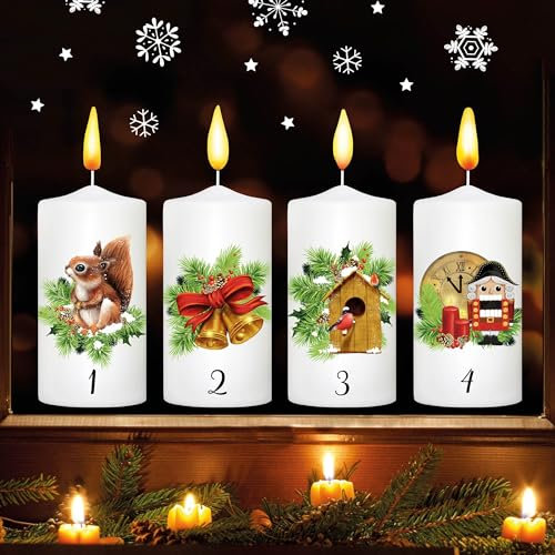 Wandtattoo Loft Fensterbilder Weihnachten mit Adventskerzen – Wiederverwendbar – A4 Bogen – Weihnachstdeko Fenster Kinderzimmer, Weihnachtsbilder Fenster, Fensterbild Winter
