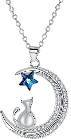 Hifeeled Kette Damen Katze 925 Sterling Silber Anhänger Mond Halskette |45cm+5| Hypoallergen Original für Frauen Schmuck Geschenk