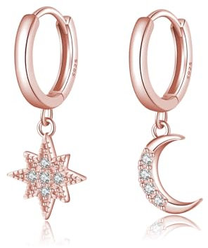 Reffeer 925 Sterling Silber Mond Stern Creolen - Asymmetrische Baumelnde CZ Ohrringe für Frauen (C-Roségold)