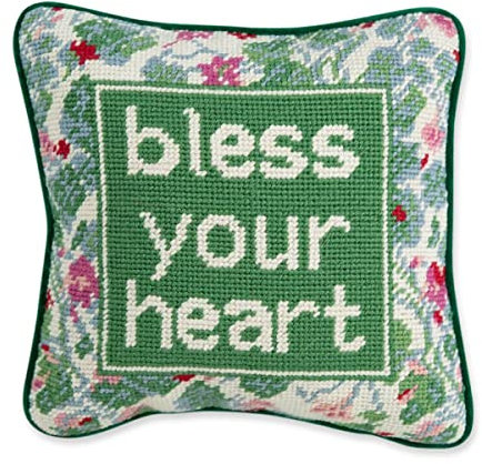 Furbish Handmade Needlepoint Decorative Throw Pillow Bless Your Heart - 10 x 10 Custom Designer Hand Embroidered Pillow
