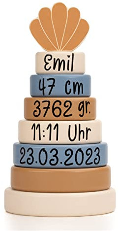 Personalisierter Stapelturm | Personalisiert mit Geburtsdaten und Wunschnamen (Blau)
