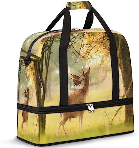 Forest Big Antlers Faltbare Reisetasche Geweih Hirsch 47L Wochenendtasche mit Trolleyhülle nass getrennt Schultertasche Tragetasche für Sport Gym Reisen, multi, 47L, Reisetasche