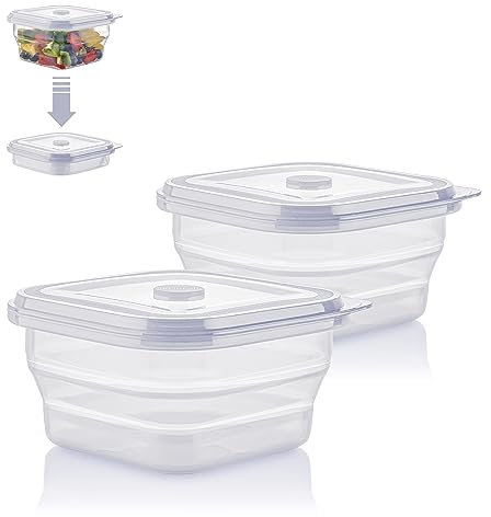 KLIPPSI® Lunchbox faltbar 900ml Doppelpack- Brotdosen Frischhaltedosen aus Platin Silikon hitze-kältebeständig, auslaufsicher, spülmaschinengeeignet (transparent)