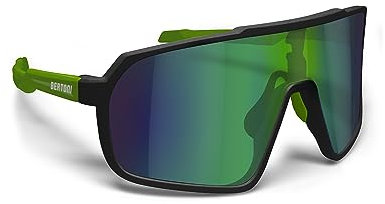 BERTONI Radfahren MTB Lauf Sportbrille für Männer Frauen in TR90 Antibeschlag Weitwinkelobjektiv mod. GEMINI (Matt Schwarz/Matt Grün – Grüne Spiegellinse)