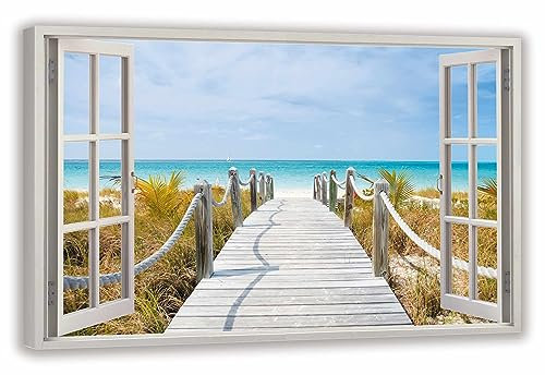 HUBDECO Leinwandbild Fensterblick Strandeingang Bild 120x80 cm - Landschaftsbilder auf Leinwand - Wandbilder Wohnzimmer - Bild Fenster mit Ausblick - Aesthetic Room Decor - Wanddeko Schlafzimmer