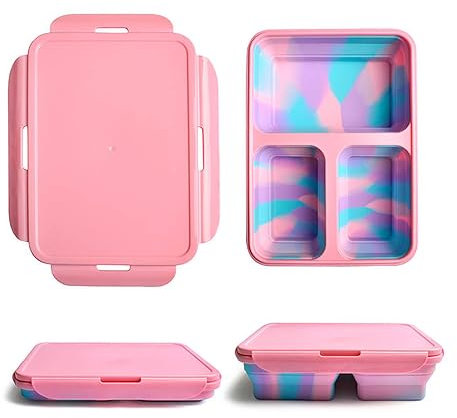 Fiambrera infantil plegable para niños y niñas. Lonchera para colegio y guarderia. Lunch box para almuerzo o merienda. Taper escolar o para comida de trabajo (Rosa)