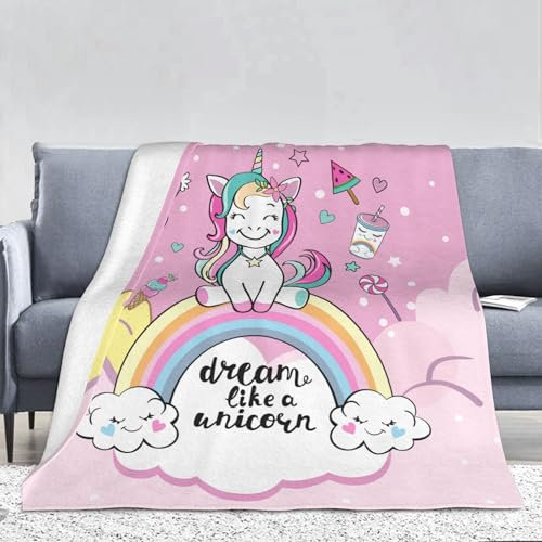 PAAHRYI Einhorn Decke Rosa Einhorn Kuscheldecke130x150cm, Kinderdecke für Mädchen Regenbogen Pferd drucken Fleecedecke Sofadecke Wohndecke (150 x 200 cm, B)