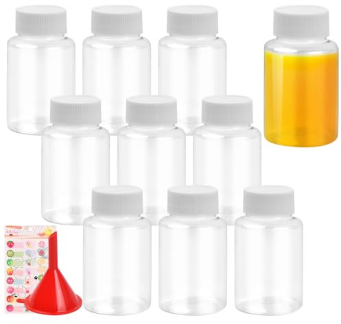Tibapla 10 Piezas Botellas Vacías de Plástico, 100ml Botellas de Jugo Reutilizables con 1 Etiqueta de Fruta, Transparentes Botellas de Bebidas con Tapas para Almacenar Zumo Leche Batidos