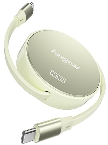 Fasgear 240W USB C to USB C Cable 3.3ft Retractable 5A Fast Charging Type C Cord for 100W USB C Charger [4-Stretch Length] Compatible with i-Phone 15 plus, Sam-sung W24, Galaxy S24 / Note 10+ (Gold)