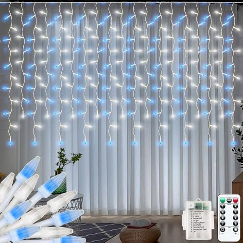 Cortina de luces para exteriores, 3 x 1 m, mini cadena de luces LED, funciona con pilas, luces de jardín interiores, cable blanco, mini árbol de Navidad (azul y blanco)