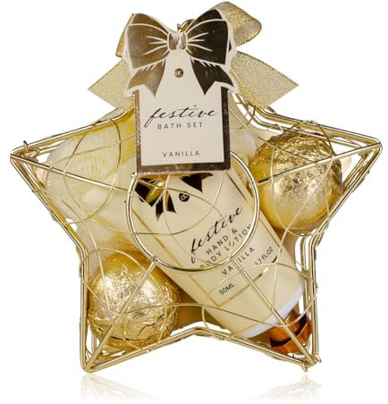 Accentra – Set de ducha para mujer, set de regalo Festive en cesta de alambre dorado con forma de estrella, set de cuidado de 3 piezas con loción de manos y cuerpo, fizzer de baño y esponja de malla,