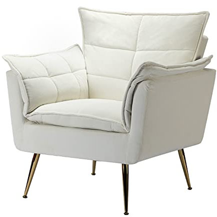 HULALA HOME Sessel gemütlich Lesesessel bequem mit goldenen Metallbeinen moderner Loungesessel aus Samt mit Dickes Sitzkissen für Wohnzimmer und Schlafzimmer, Weiß