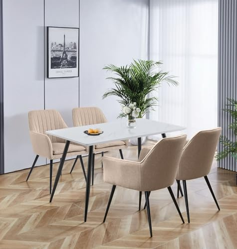 Hallowood Furniture Cullompton 4 Seater Dining Table and Chairs, 120x70cm | White Marble Effect Kitchen Table and Chairs Set 4 in Light Brown Fabric, Compact Modern Dining Room Sets for Home or Cafe