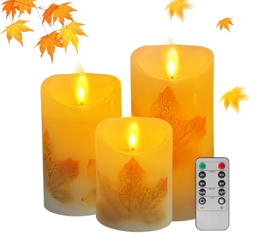 DZAY Herbstdeko Led Kerzen mit Timer,Herbst Deko Innen Flammlose Kerzen Stabkerzen Led,Ahornblatt Led Kerzen Flackernde Flamme mit Fernbedienung,Elektrische Kerzen für Herbstdeko Tisch Aesthetic (01)
