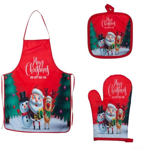 Juego de delantal con estampado de dibujos animados de Papá Noel con guantes y alfombrilla para cocina festiva de Navidad (F)